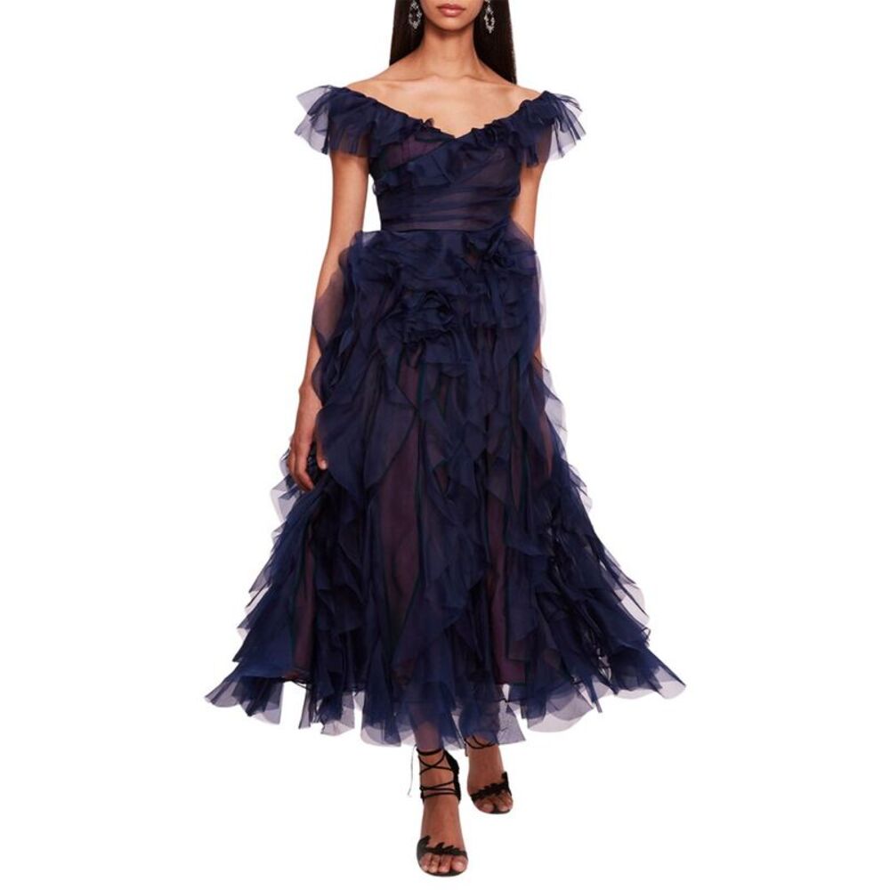 Marchesa Notte Womens  Matte Organza Midi Dress